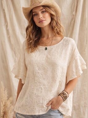 Valentina Cream Floral Embroidered Ruffle Sleeve Linen Tunic Top